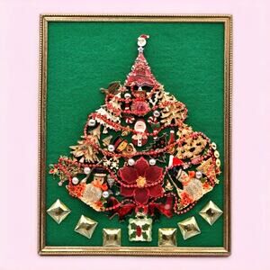 Vintage 1965 Jewelry Christmas Tree Art Framed Handmade Rhinestone Collage OOAK